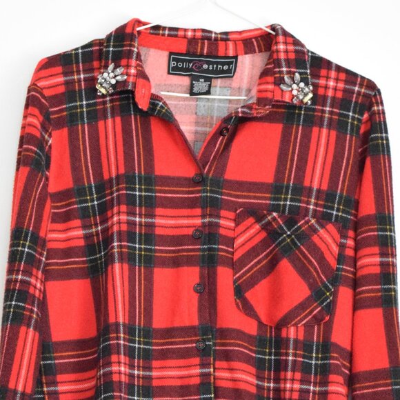 POLLY & ESTHER Red Plaid Button Up Crop Top with Jeweled Collar | Size XS - Picture 4 of 9